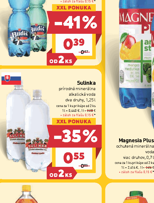 Sulinka prírodná minerálna alkalická voda dva druhy, 1,25 l
