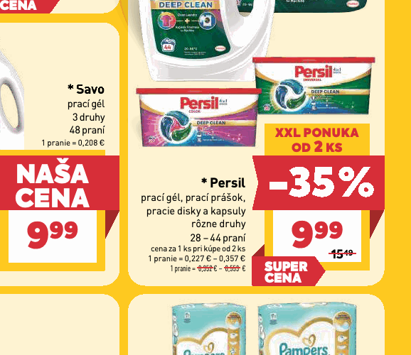 prací gél, prací prášok, pracie disky a kapsuly rôzne druhy 28 – 44 praní 1 pranie = 0,227 € – 0,357 €