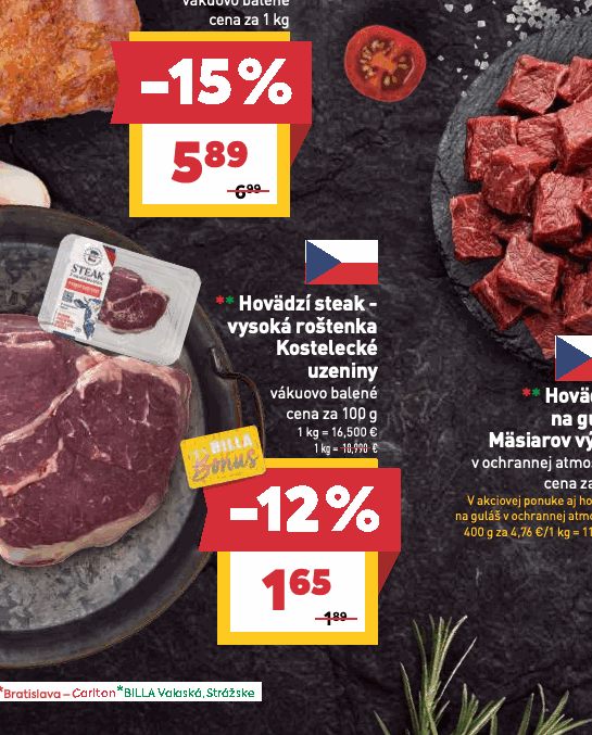 Hovädzí steak - vysoká roštenka Kostelecké uzeniny vákuovo balené