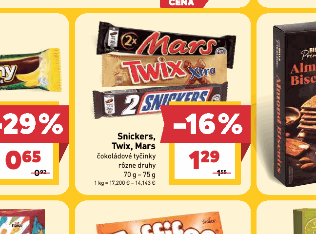 Snickers, Twix, Mars čokoládové tyčinky rôzne druhy