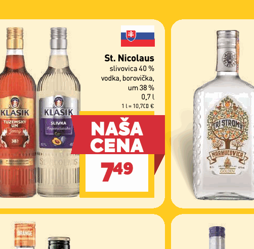St. Nicolaus slivovica 40 % vodka, borovička, um 38 %