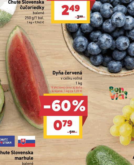 Dyňa červená v celku voľná krájaná, 1 kg za 1,09 €