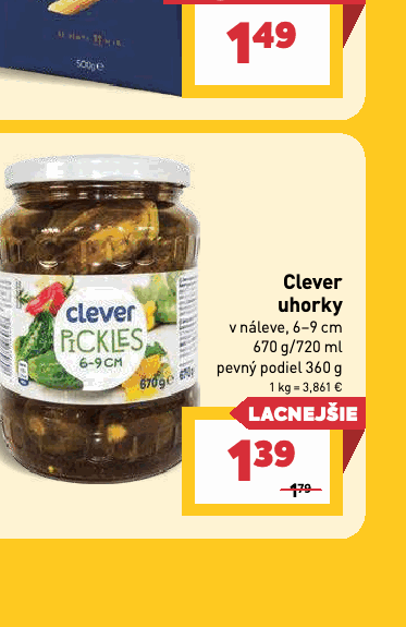 uhorky v náleve, 6–9 cm pevný podiel 360 g