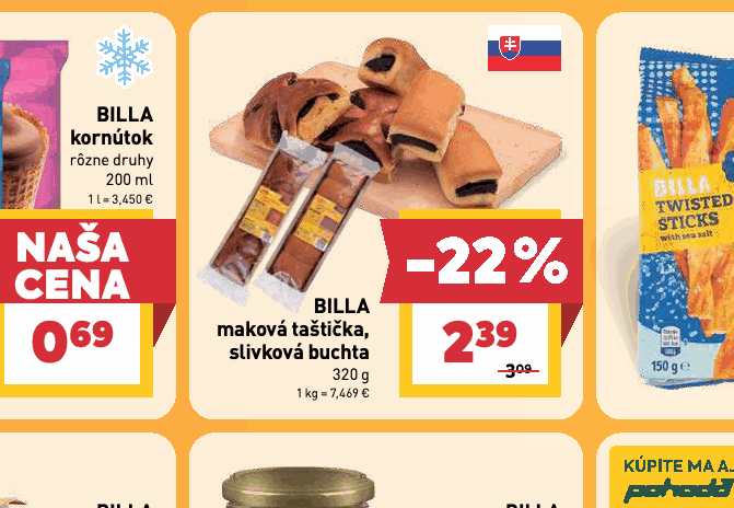 BILLA maková taštička, slivková buchta