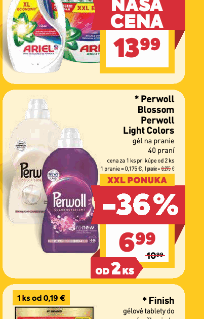 gél na pranie 40 praní 1 pranie = 0,175 €, 1 pranie = 0,275 €