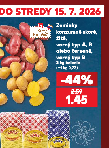 Zemiaky konzumné skoré, žlté, varný typ A, B alebo červené, varný typ B