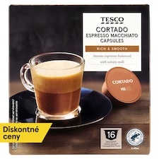 Tesco Cortado Espresso Macchiato instantná káva so sušeným plnotučným mliekom 16 x 6,3 g (100,8 g)