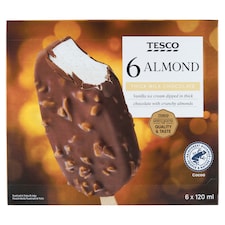 Tesco Mrazený krém vanilkový v mliečnej čokoláde s kúskami mandlí 6 x 120 (720 ml)