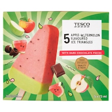 Tesco Mrazený krém vodový s jablkovou a melónovou príchuťou s kúskami čokolády 5 x 67 g (335 g)